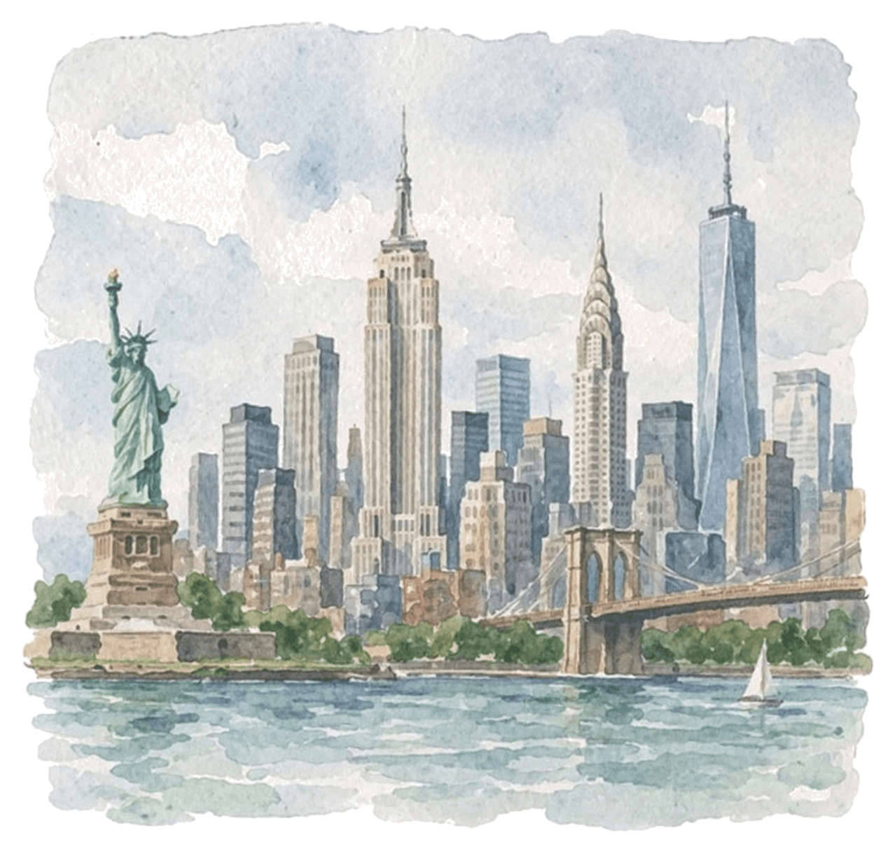 Watercolor illustration of the New York City skyline